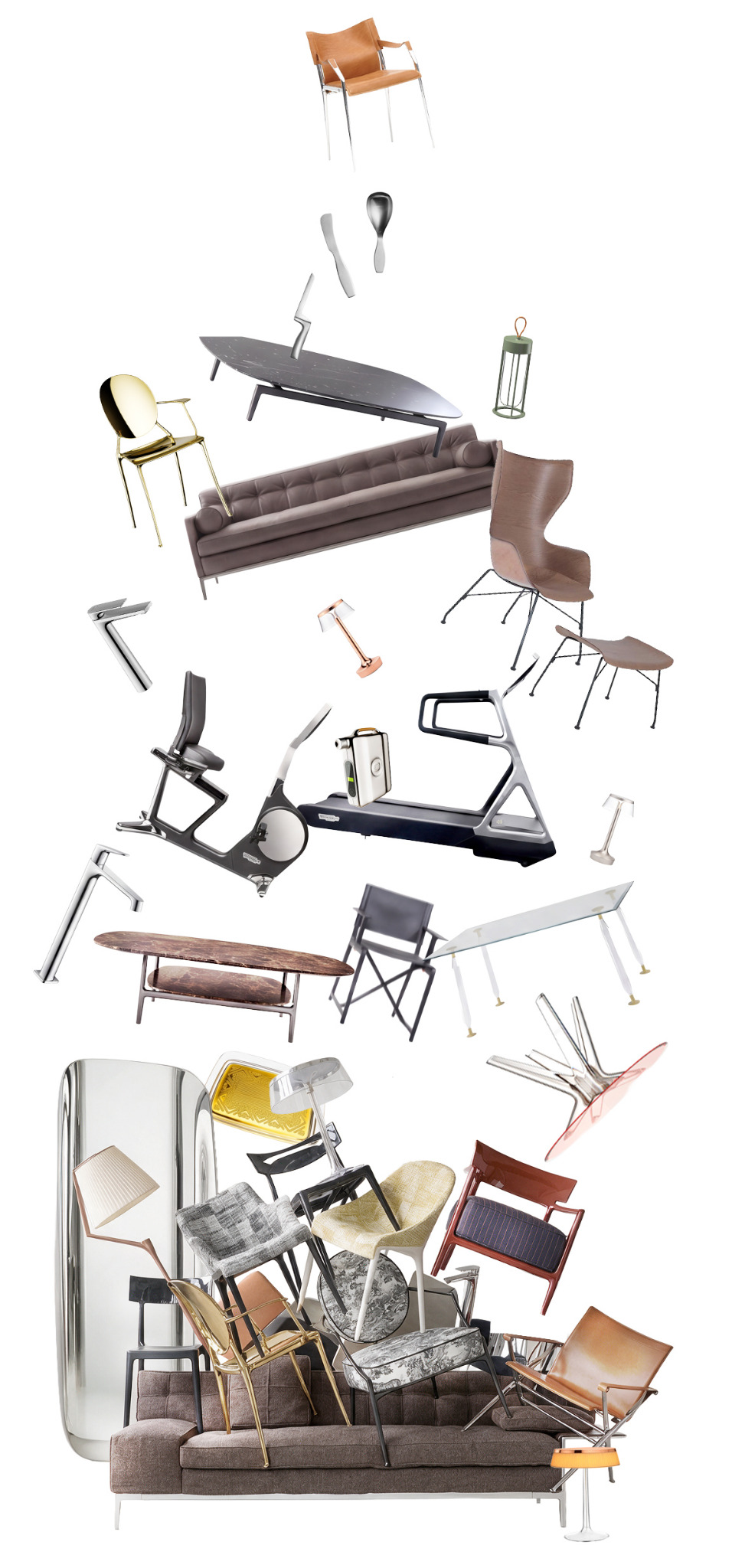 Sculptural arrangement of industrial design projects from Sergio Schito's career